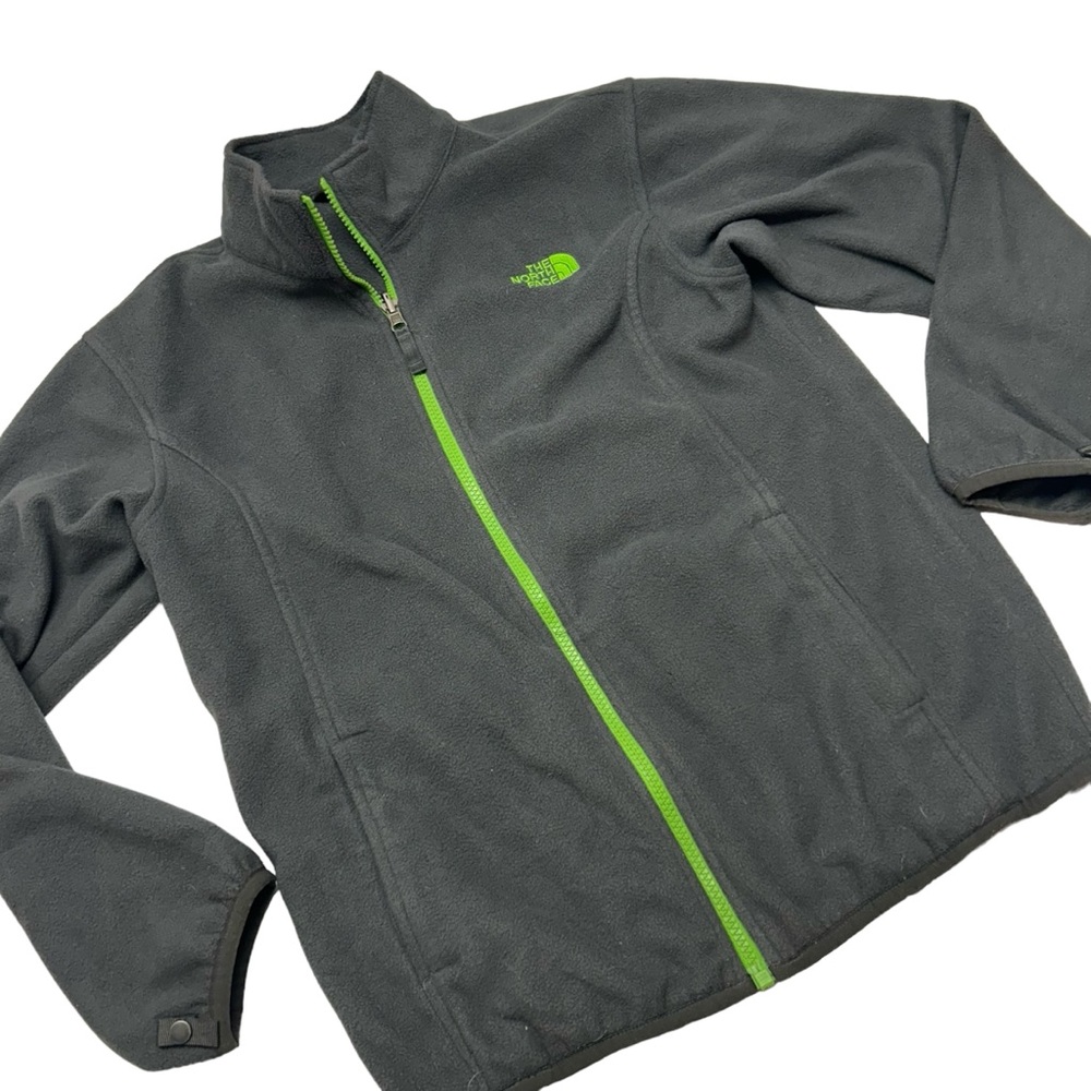 North face boys gray fleece full zip jacket large 14/16 bright‎ green trim